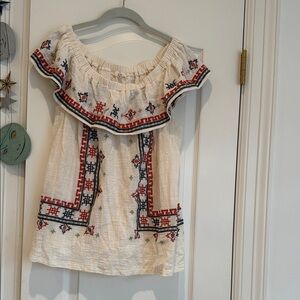 Embroidered Off-Shoulder Blouse in Cream with Red and Blue Accents